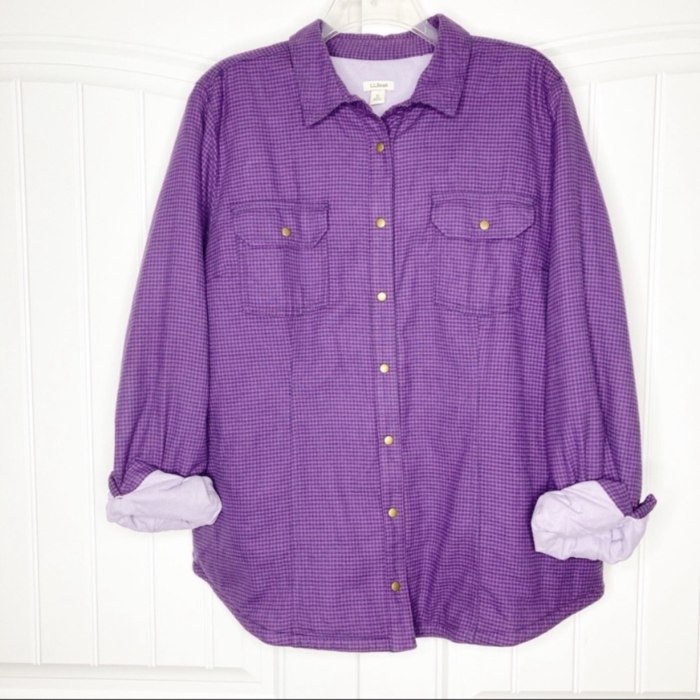 L.L. Bean Purple Check Flannel Quilt Lined Snap Front Shirt Jacket XL